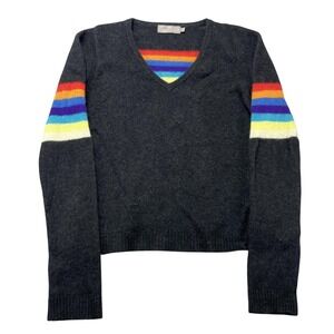 Brodie Sweater Womens Medium Gray Rainbow Stripe Cashmere V Neck Pullover